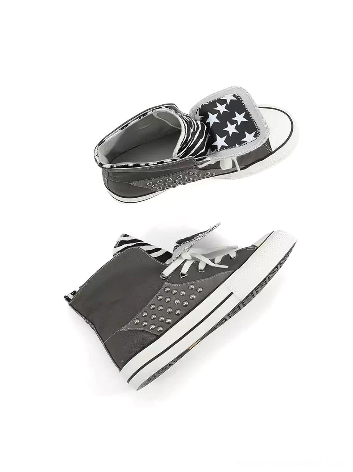 Top and side view of gray punk-inspired high-top canvas sneakers with foldable star collar, silver rivet accents, and white midsole