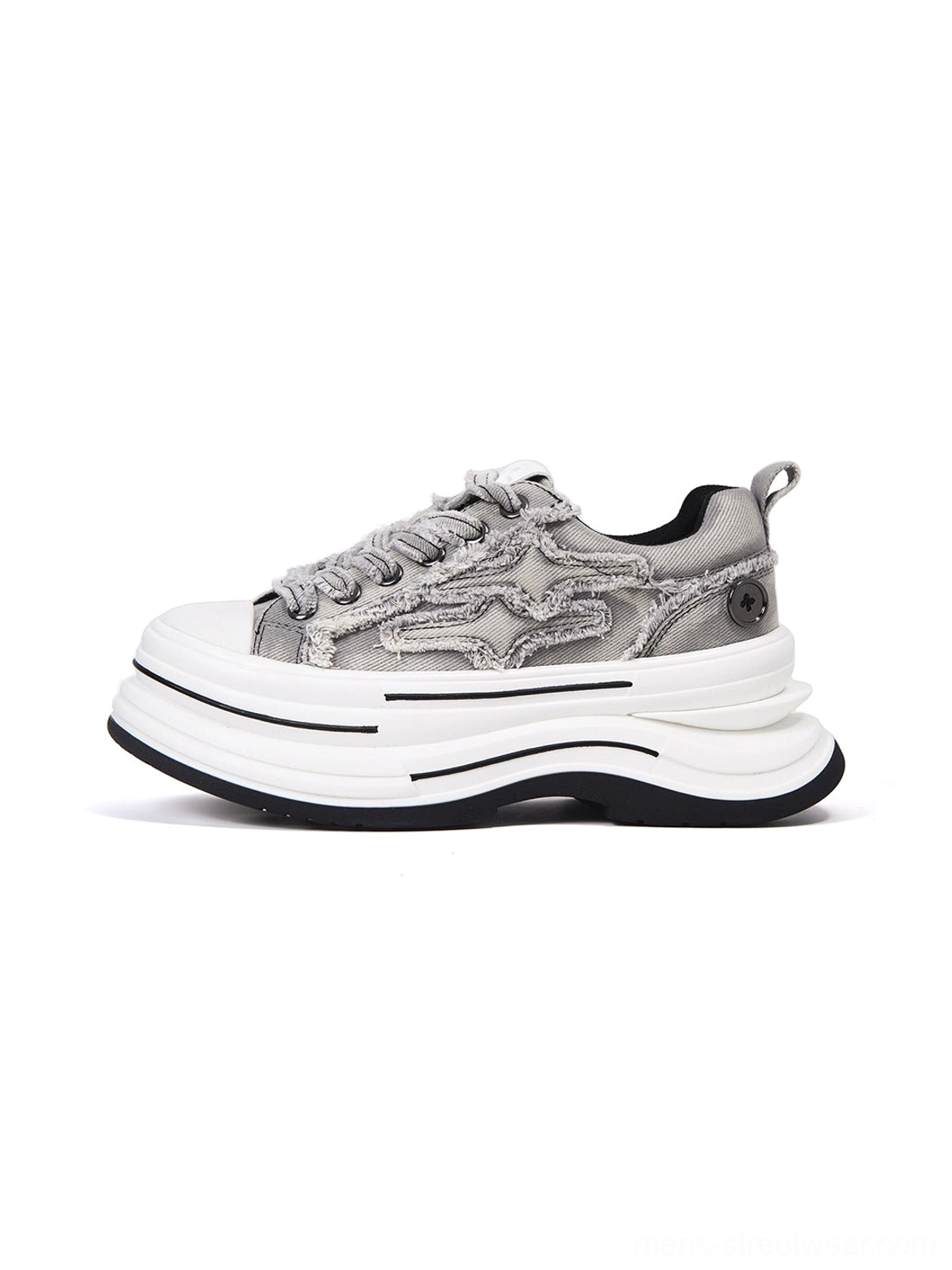 Gray frayed canvas platform sneakers shown from a left side three-quarter view with raw edge panels, layered white sole, round rubber toe cap, and 7 cm height-boosting streetwear design