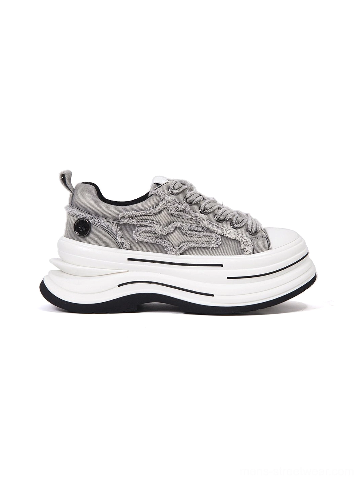 Gray frayed canvas platform sneakers shown from the right side with heel pull tab, black heel button detail, layered white platform sole, and distressed streetwear styling