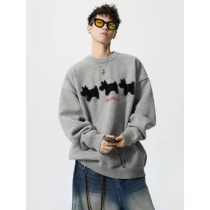 Gray oversized knit sweater featuring fuzzy black puppy graphics, red DOUBLE wordmark, ribbed cuffs, and casual Seoul streetwear styling