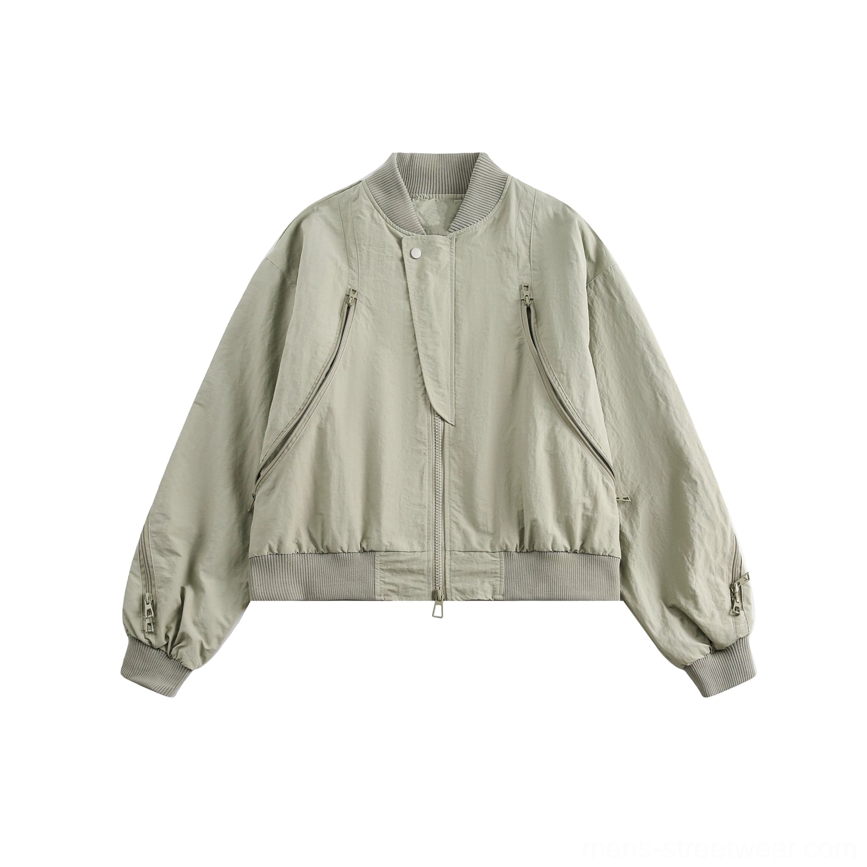 Gray-green matte zip-up flight bomber jacket flat lay showing relaxed cropped fit and ribbed trim details