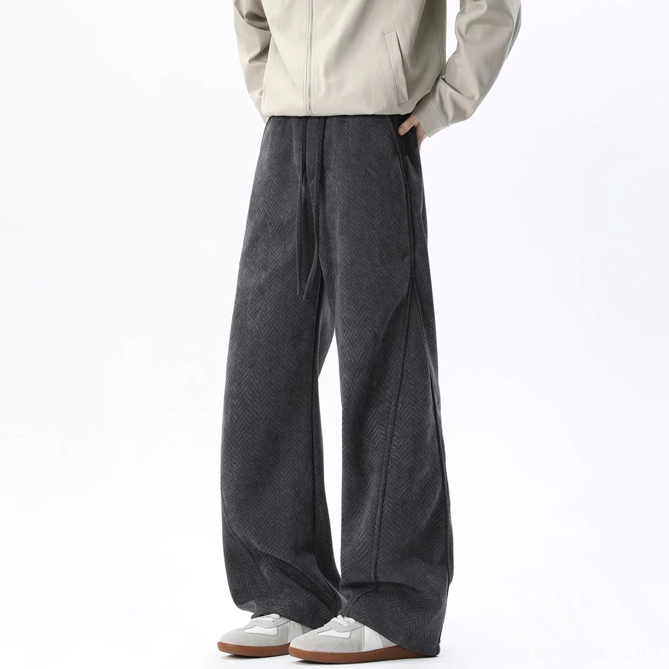 Gray herringbone fleece-lined wide-leg lounge trousers shown from the back three-quarter view with curved side seam detail
