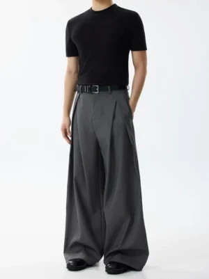 Dark gray high-waisted pleated wide-leg tailored trousers styled with a black fitted tee for Korean streetwear