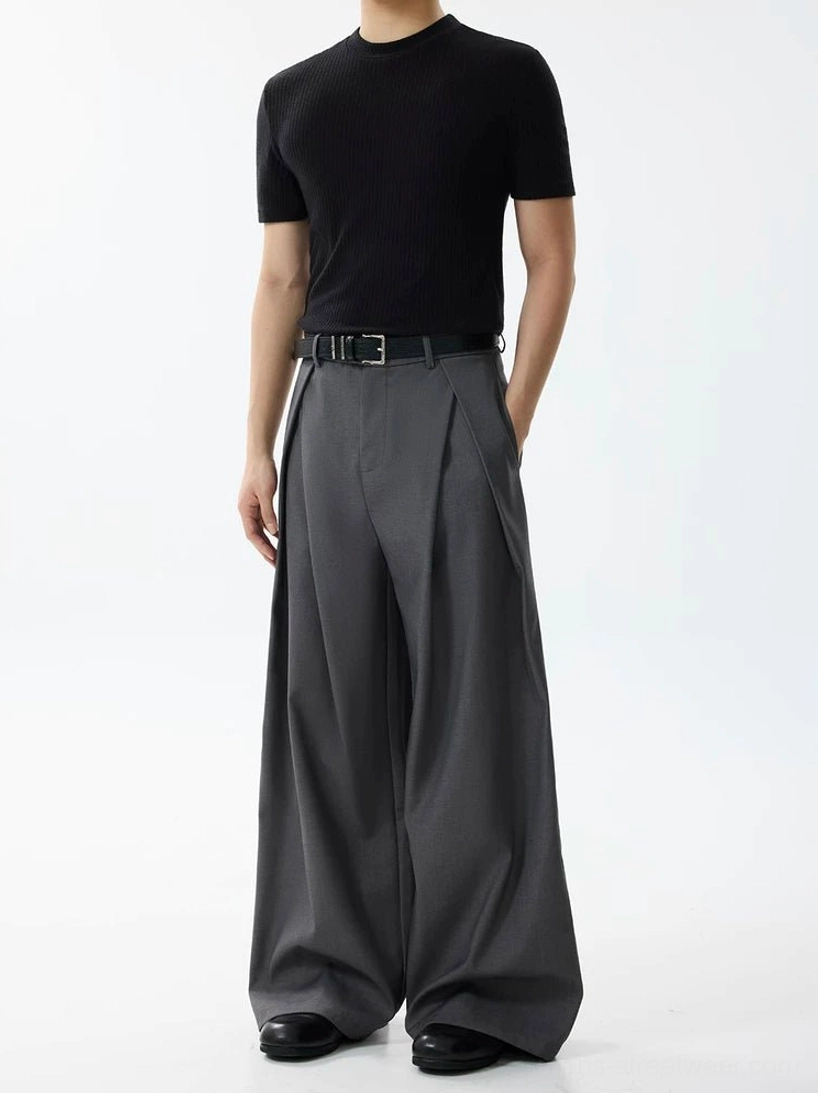 Dark gray high-waisted pleated wide-leg tailored trousers styled with a black fitted tee for Korean streetwear