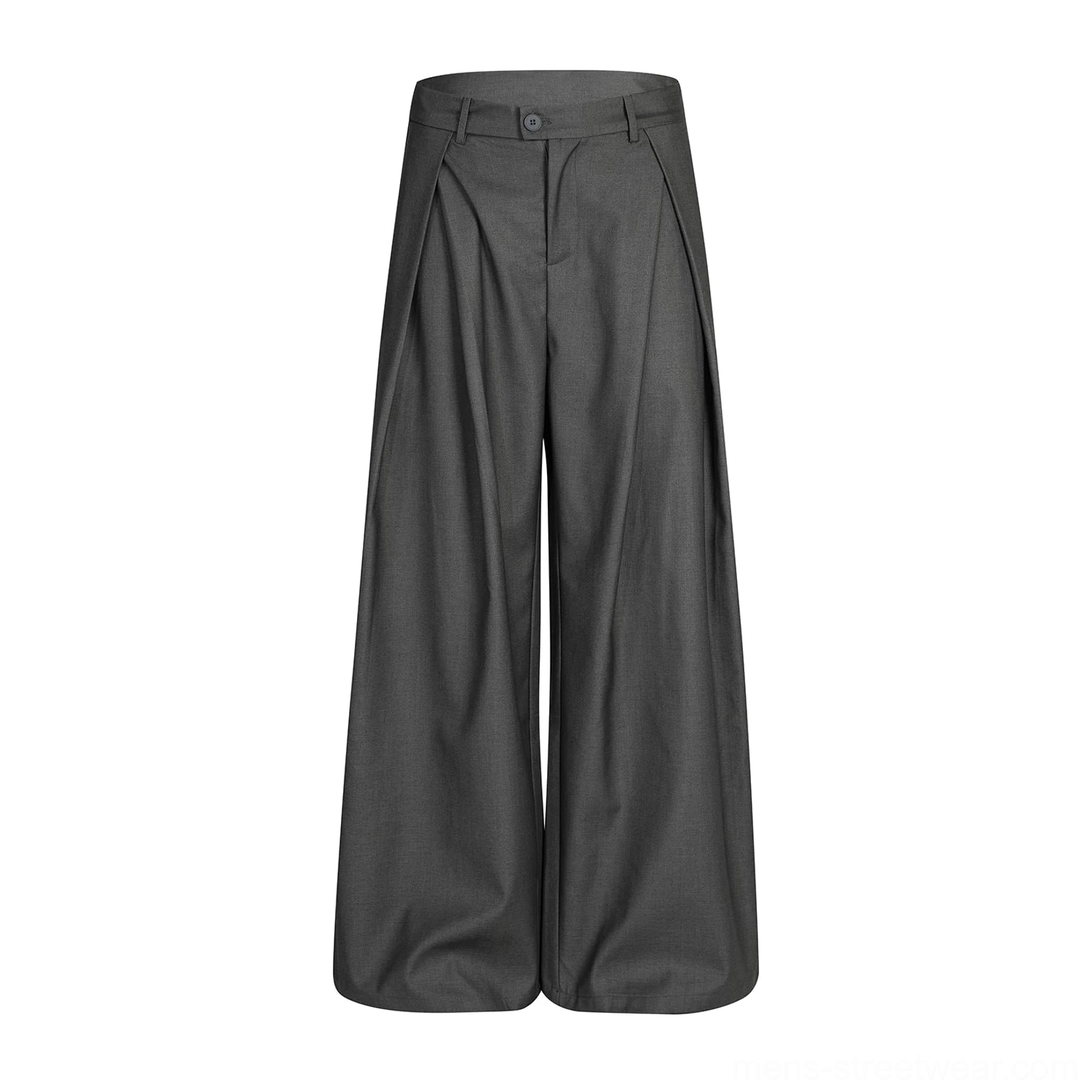 Flat lay view of dark gray high-waisted pleated wide-leg trousers with smooth suiting fabric