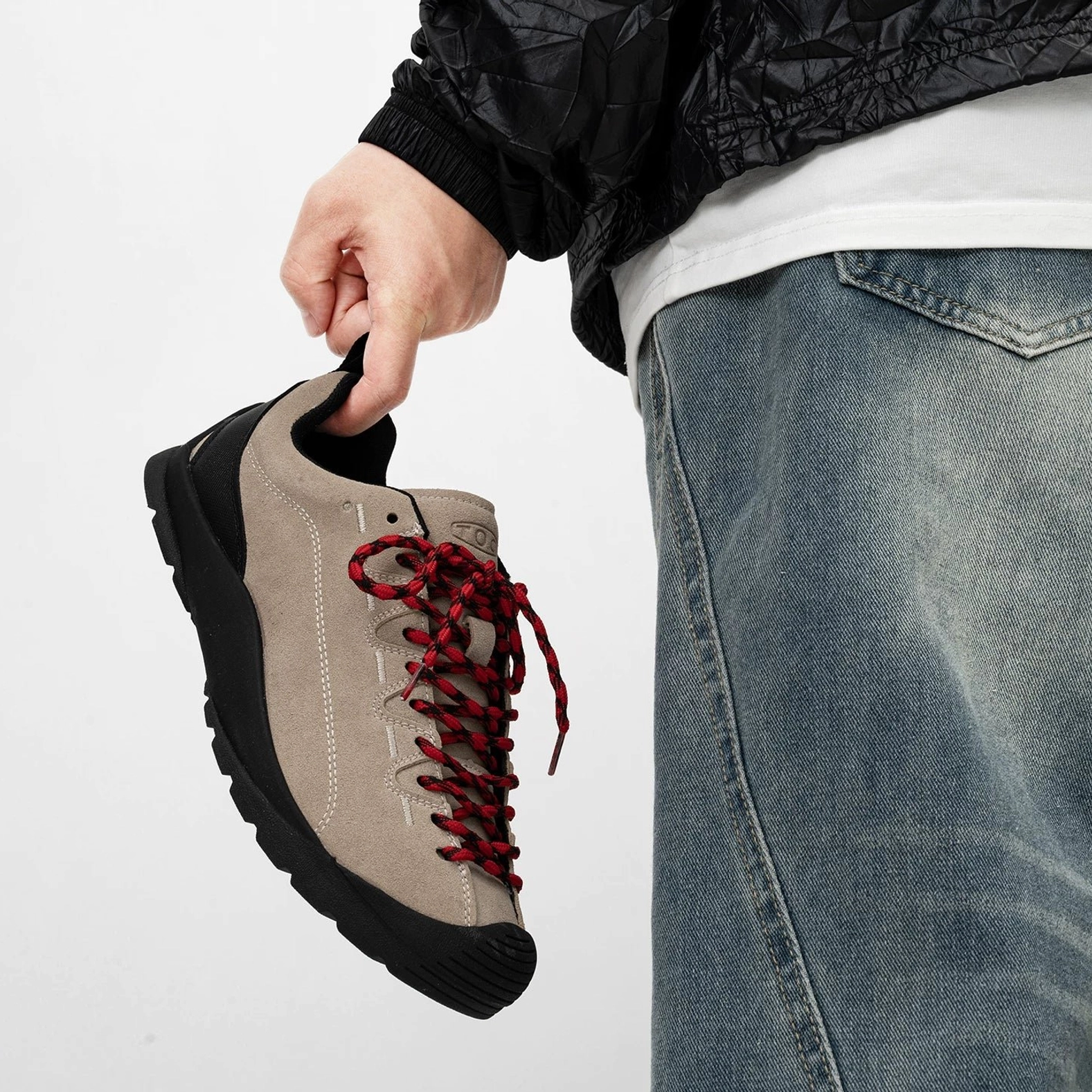 Gray khaki suede trail sneakers with burgundy contrast hiking laces black protective toe cap and rugged rubber sole