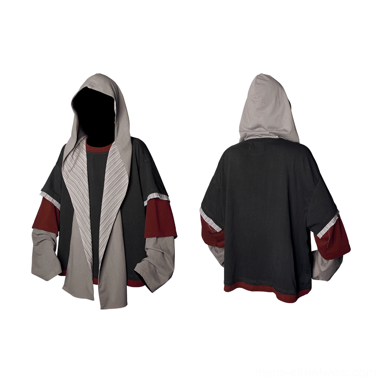 Back view of gray layered color block hooded sweatshirt with solid attached hood dark sleeve accents and clean finished hem