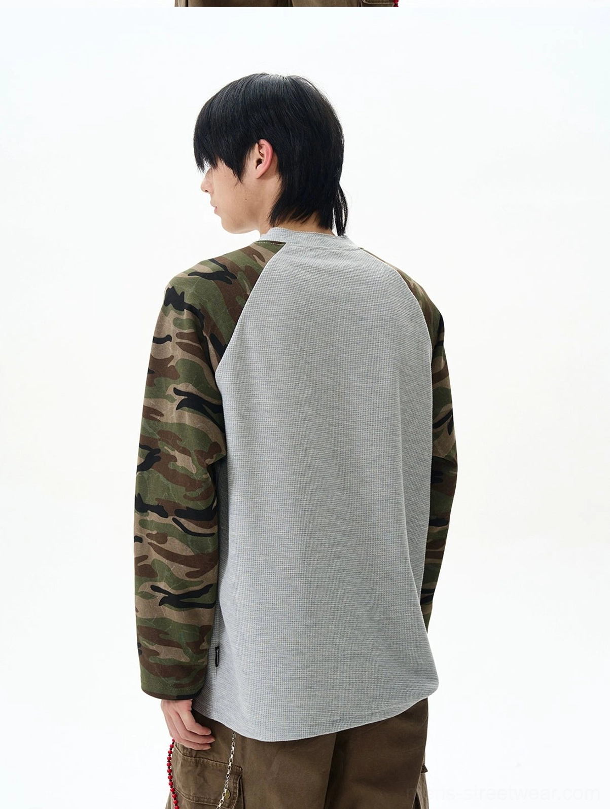 Back view of gray long sleeve waffle henley with camouflage raglan sleeves