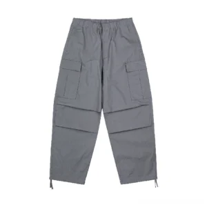 Gray loose fit cotton utility cargo pants with side flap pockets pleated knees and adjustable ankle drawstrings