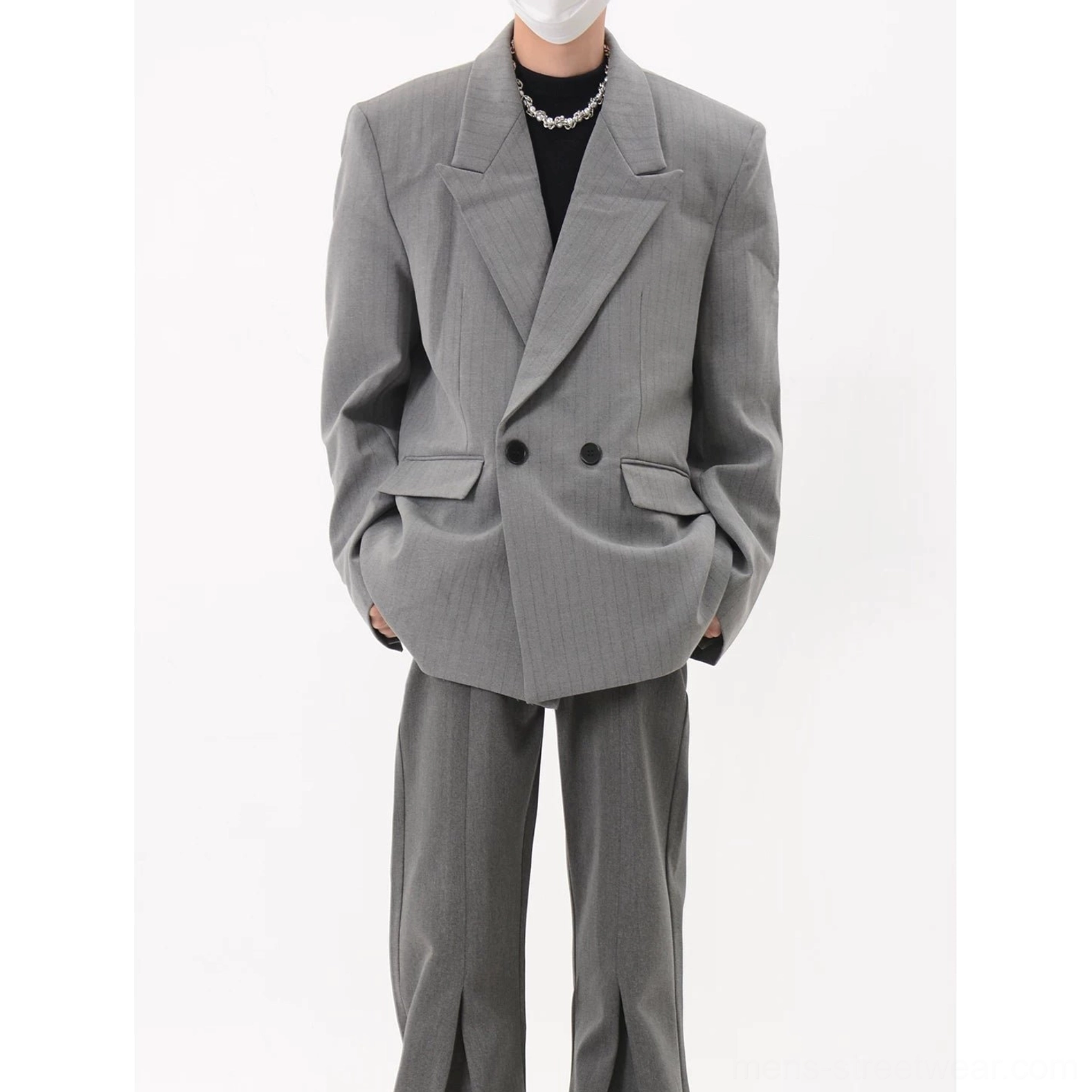 Gray oversized double-breasted pinstripe blazer with tailored flap pockets and relaxed Seoul fashion silhouette