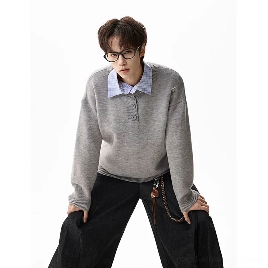 Heather gray oversized henley knit sweater color option with relaxed fit, ribbed collar, and contemporary Seoul streetwear style