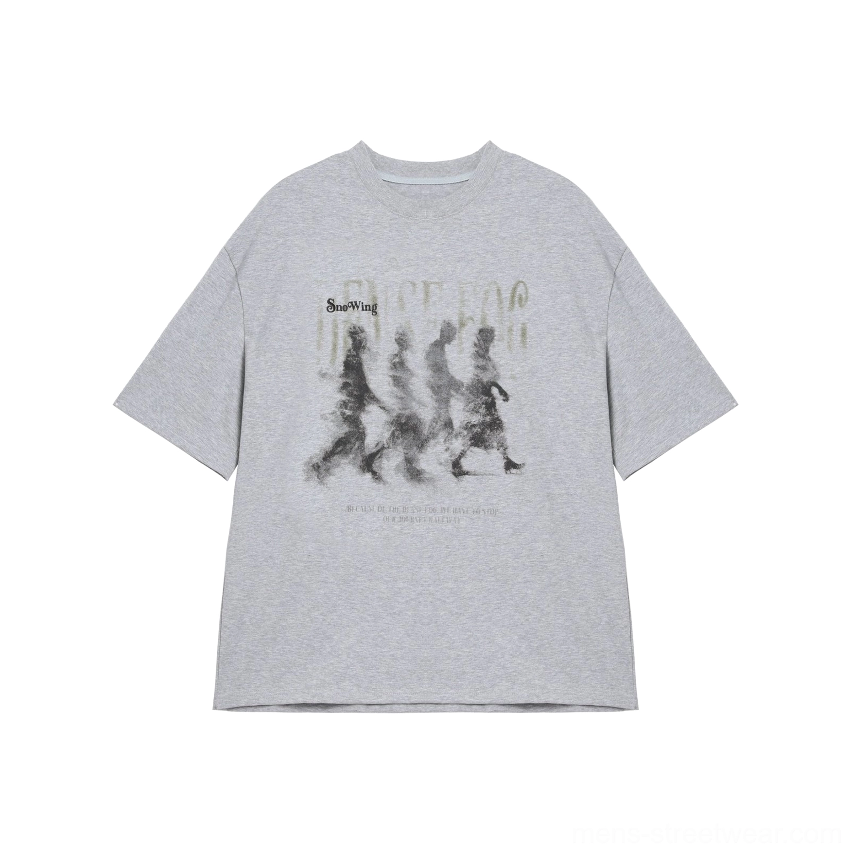 Flat lay view of a gray oversized streetwear T-shirt with monochrome blurred marching figure graphic, crew neck, and boxy silhouette
