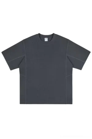 Gray oversized patchwork seam cotton T-shirt with relaxed Korean streetwear fit shown from the front