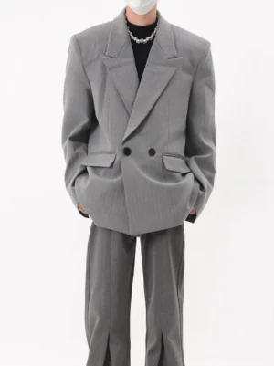 Gray oversized pinstripe double-breasted blazer styled with a black turtleneck and wide-leg trousers in a Seoul streetwear outfit