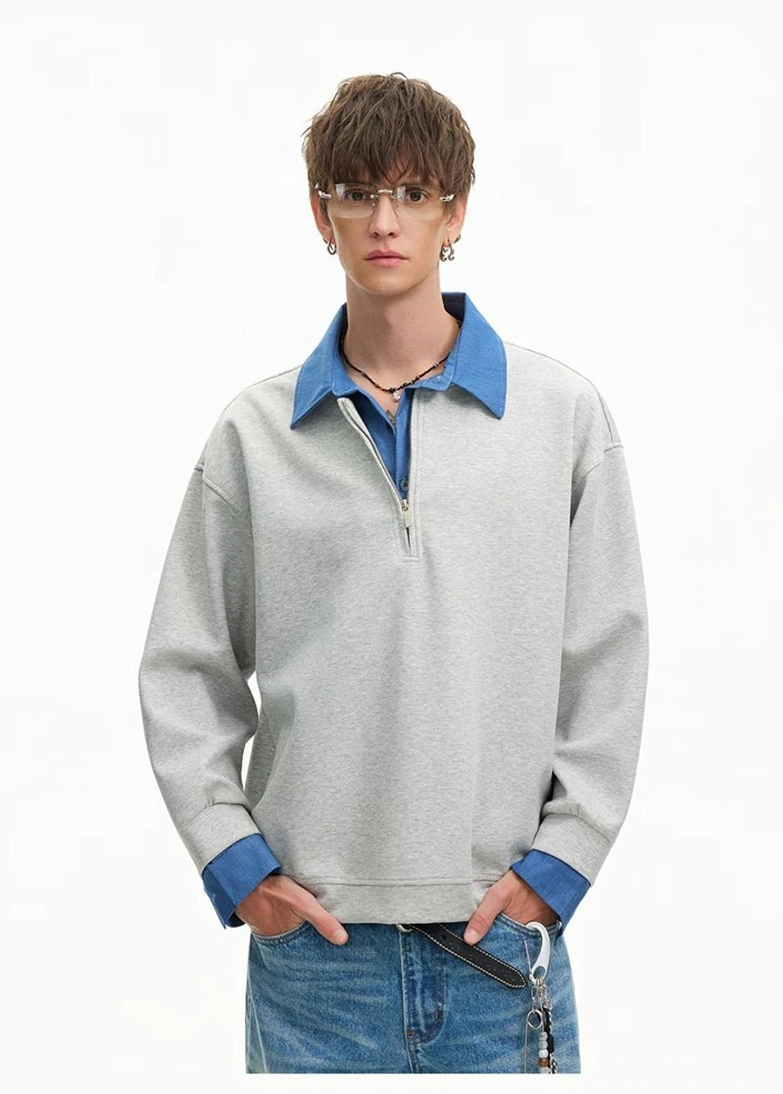 Heather gray relaxed fit layered collar sweatshirt with blue contrast cuffs and modern Korean fashion styling
