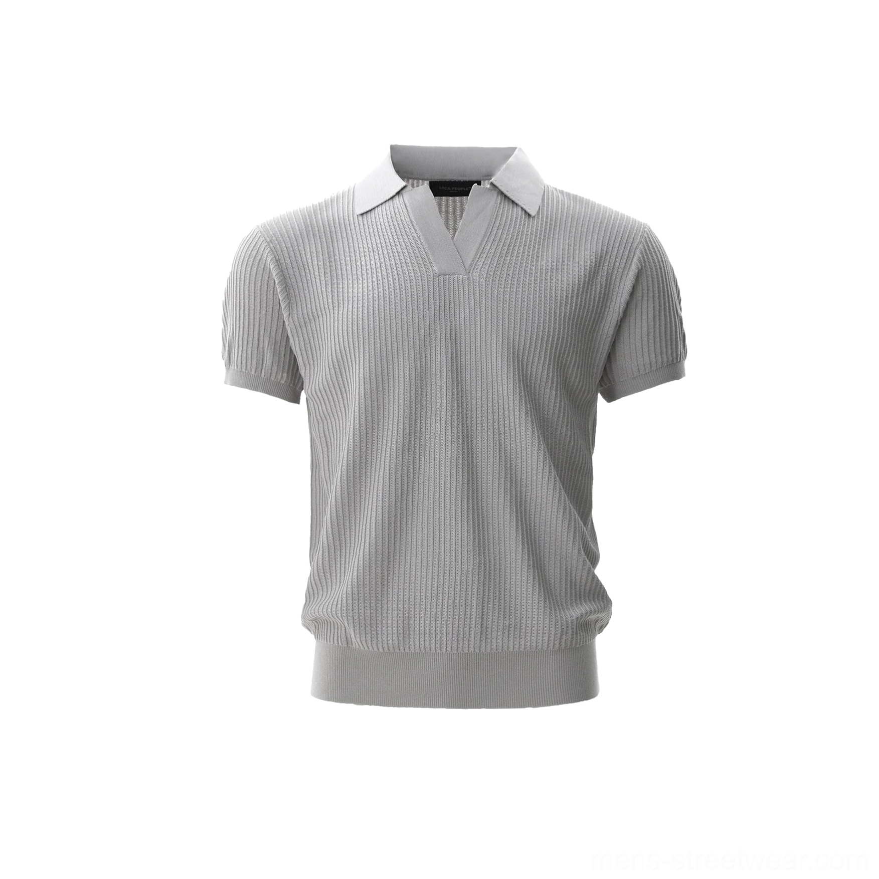 Flat lay front view of a heather gray ribbed knit polo shirt with vertical texture open V-neck collar and ribbed hem