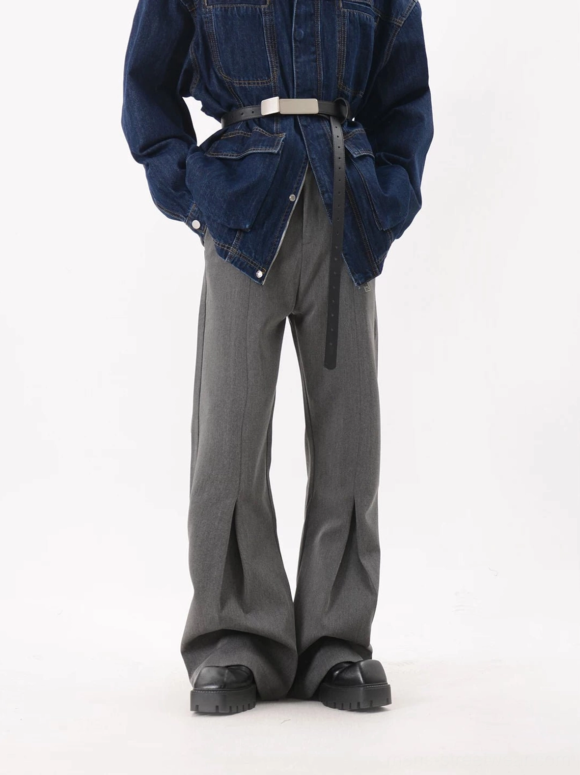 Gray sculpted crease flared trousers styled with denim jacket leather belt and black platform shoes in Korean streetwear outfit