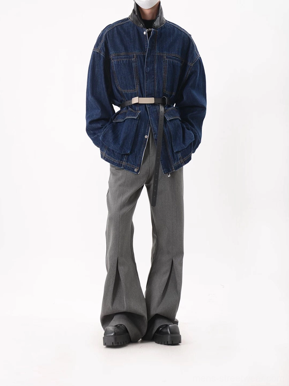 Full body Korean streetwear look featuring gray sculpted crease flared tailored trousers and dark denim jacket