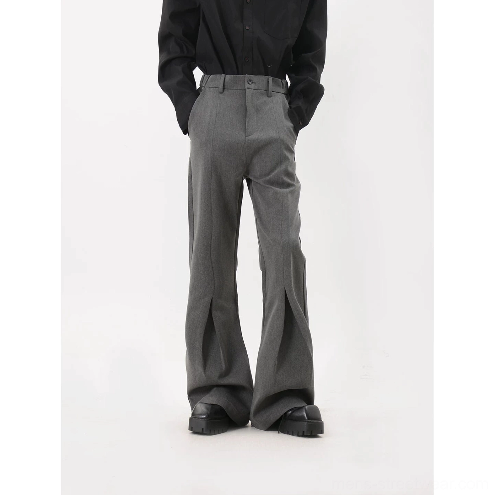 Gray sculpted crease flared trousers Korean tailored streetwear pants main product view