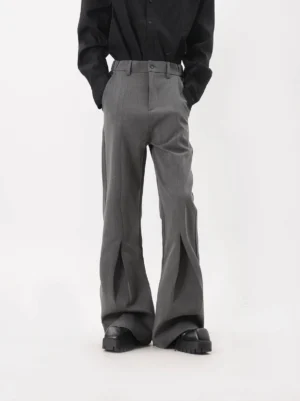Heather gray sculpted crease flared trousers front close-up with tailored waistband and wide leg Korean streetwear silhouette