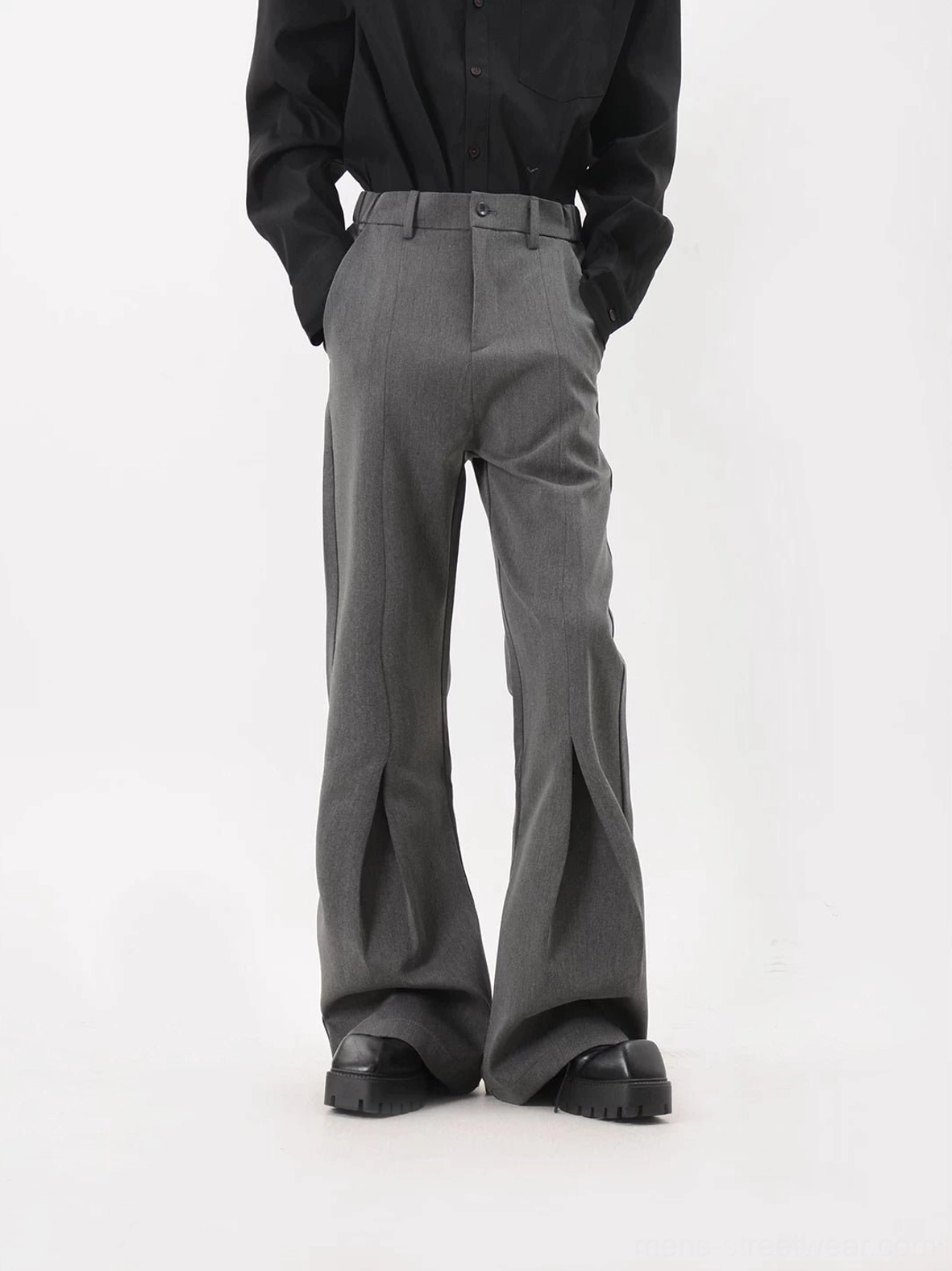 Heather gray sculpted crease flared trousers front close-up with tailored waistband and wide leg Korean streetwear silhouette