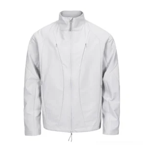Light gray men's stand collar softshell jacket with full zip front, adjustable drawcord hem, geometric seam panels, and modern techwear streetwear design
