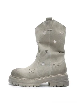Gray star cutout nubuck platform boots shown from the front left with a distressed mid-calf upper, chunky serrated sole, and pull tabs