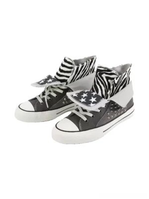 Front view of gray unisex high-top canvas sneakers with star graphic flap, zebra-print lining, white laces, and contrasting rubber soles