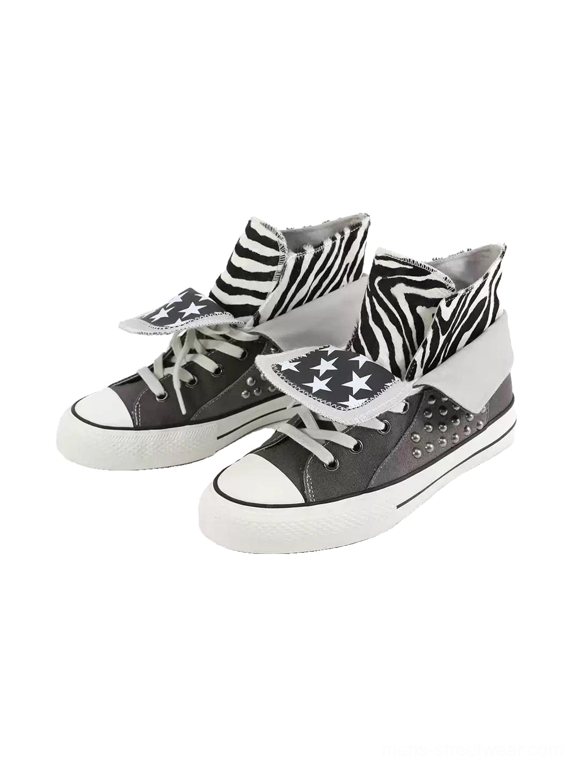 Front view of gray unisex high-top canvas sneakers with star graphic flap, zebra-print lining, white laces, and contrasting rubber soles