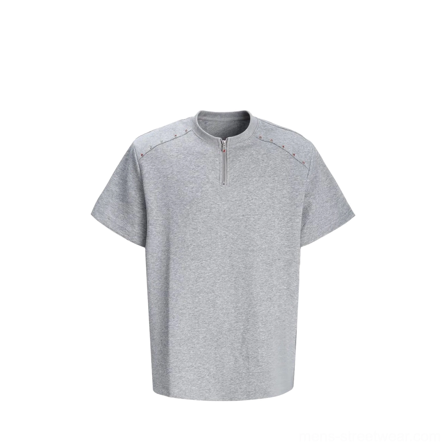 Heather gray studded half-zip boxy streetwear T-shirt for men front flat lay with stand collar and metal shoulder rivets
