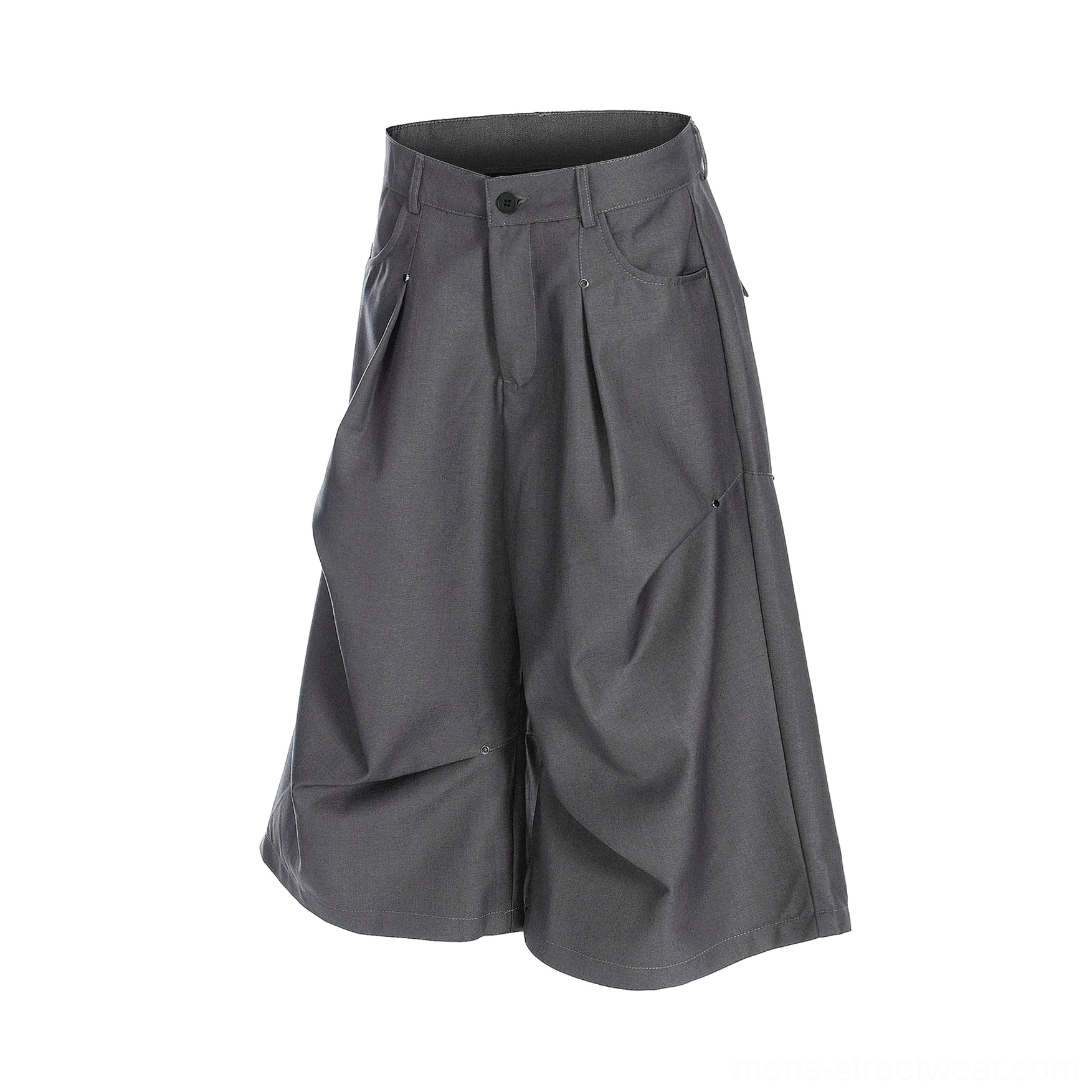 Gray studded pleated longline shorts flat lay showing front pleats, belt loops, side pockets, and cropped wide-leg shape