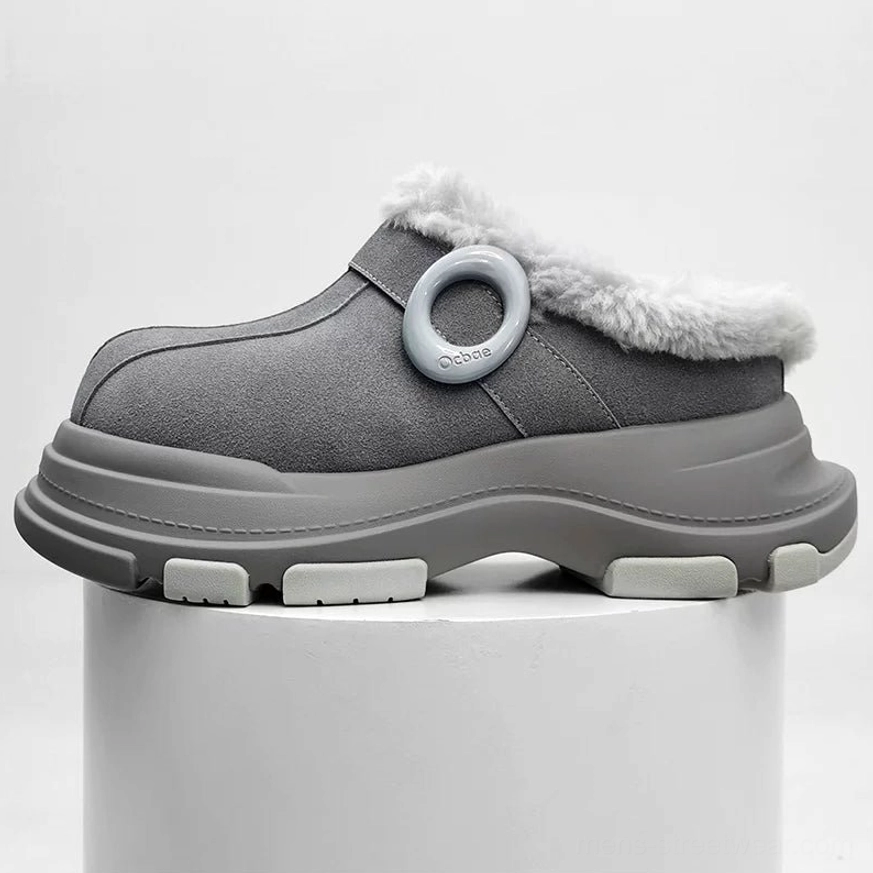 Gray suede-finish fleece-lined platform clog displayed on a white pedestal with fluffy fur trim, circular strap ring, and segmented anti-slip outsole