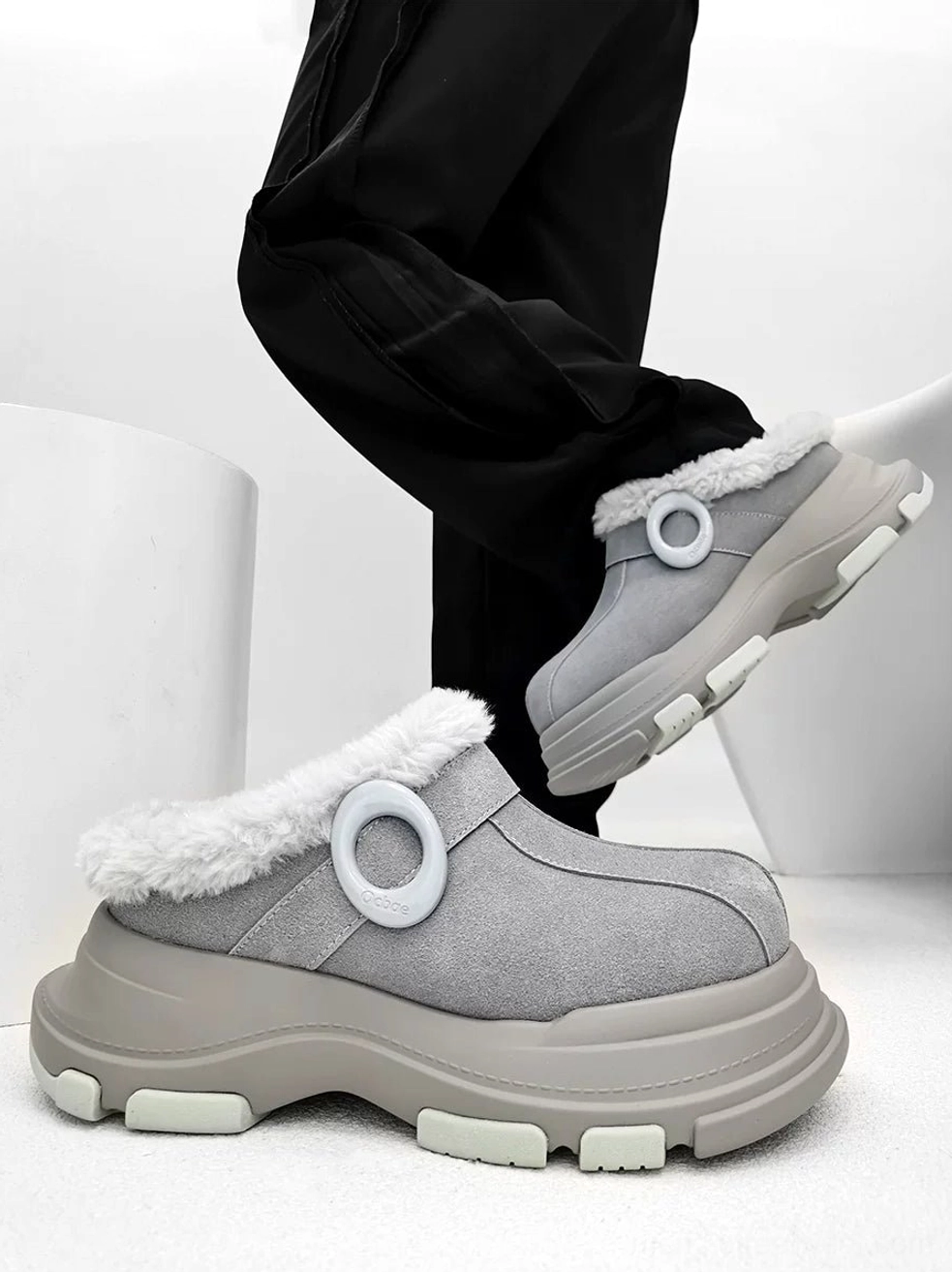 Gray suede-finish winter platform clog shown from the rear side with white faux-fur collar, circular heel detail, and thick anti-slip outsole