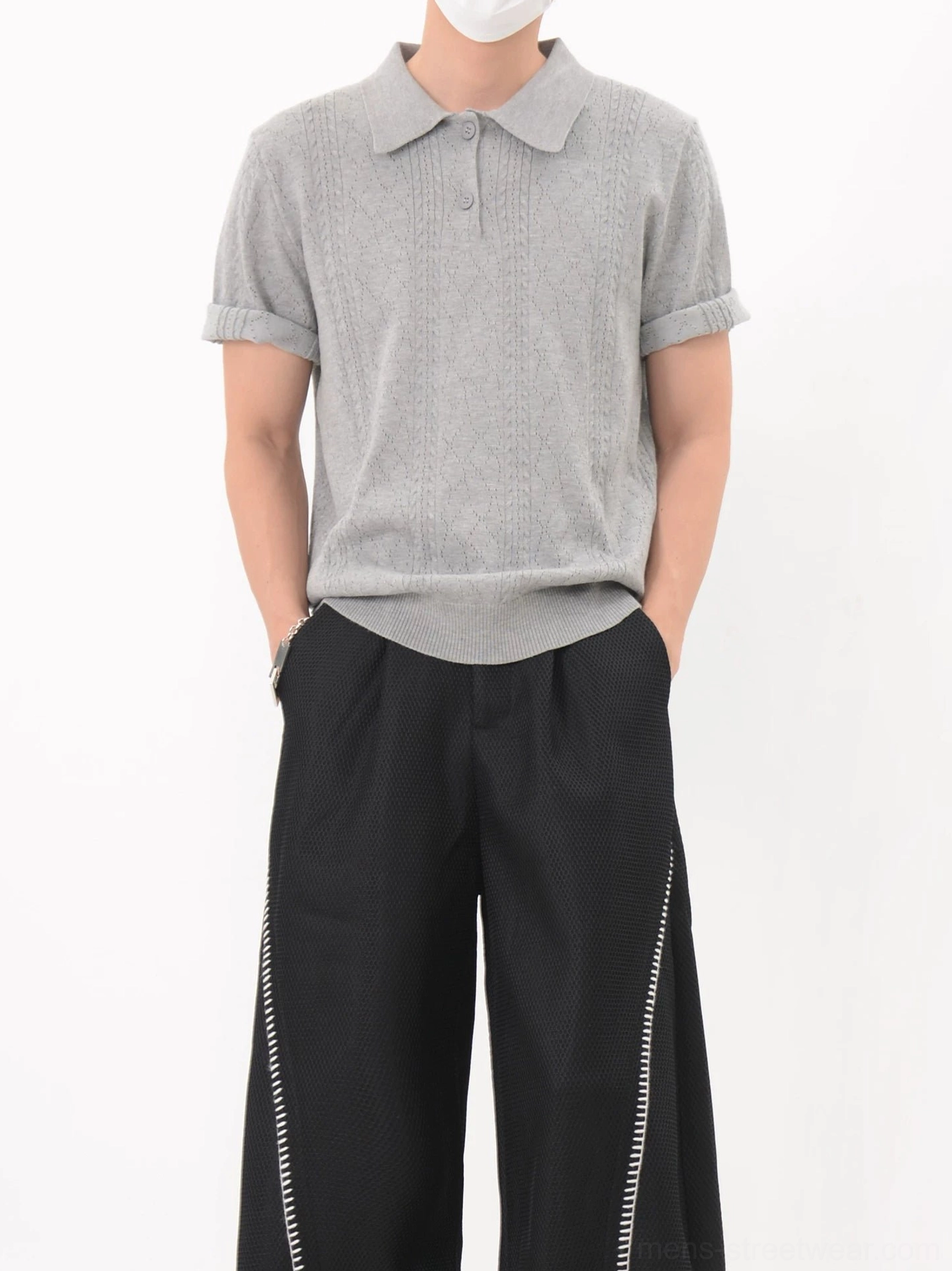 Gray textured lattice knit polo shirt with relaxed Seoul streetwear fit, rolled sleeves, and ribbed hem