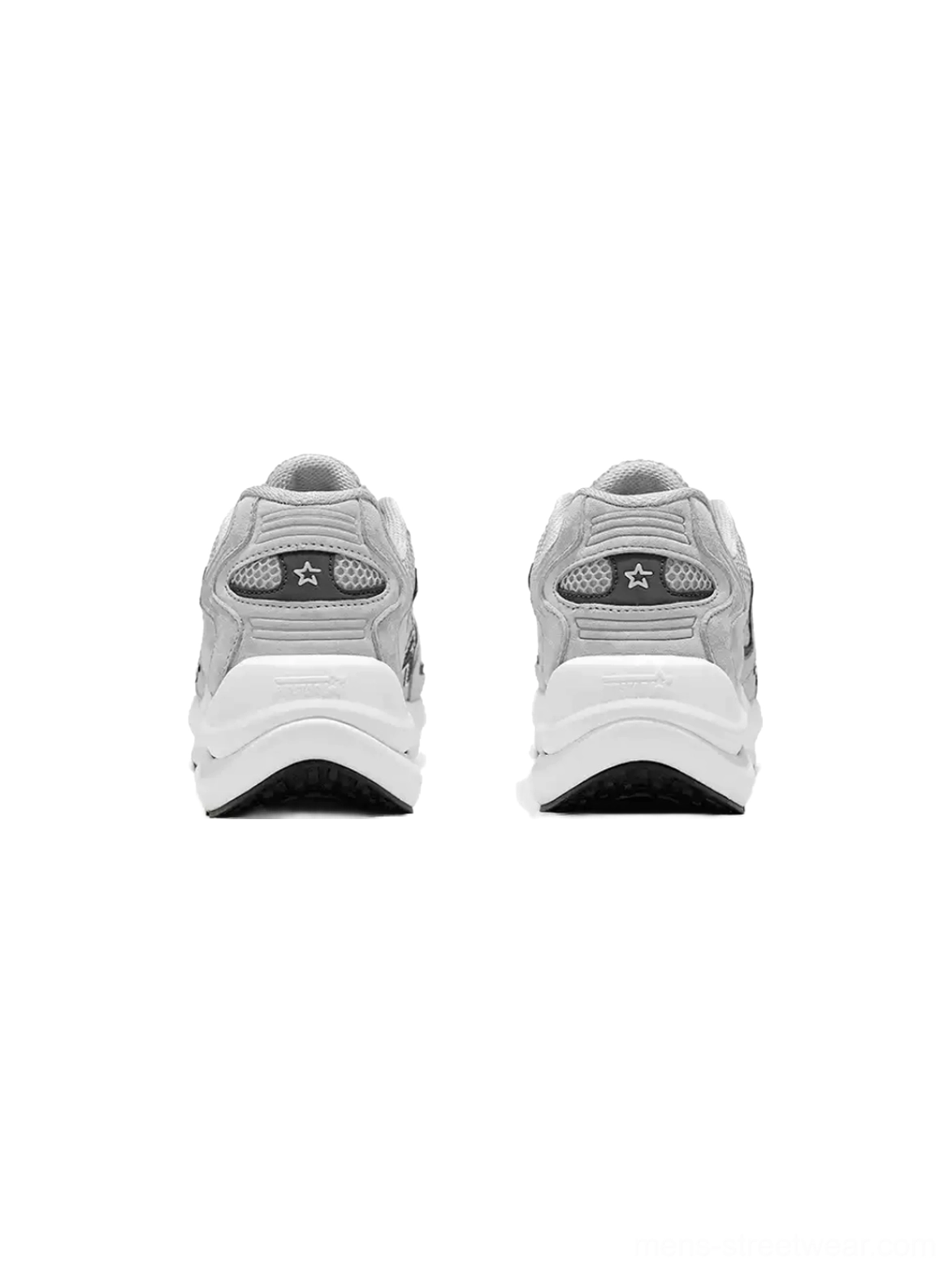 Rear view of gray unisex running sneakers showing star heel tabs, layered suede mesh construction, and thick white gray trimmed sole
