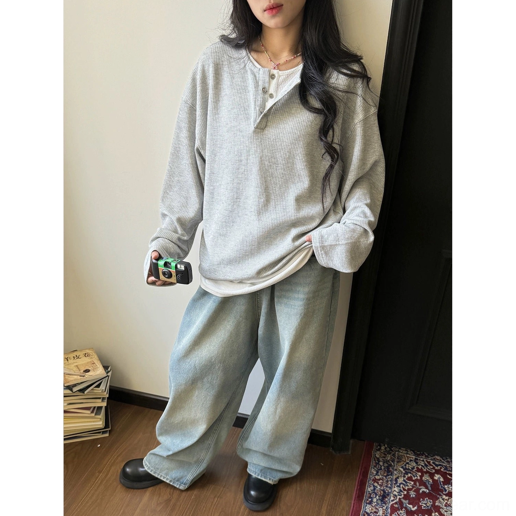 Gray waffle knit Henley shirt with half-button neckline and comfortable loose Korean streetwear fit