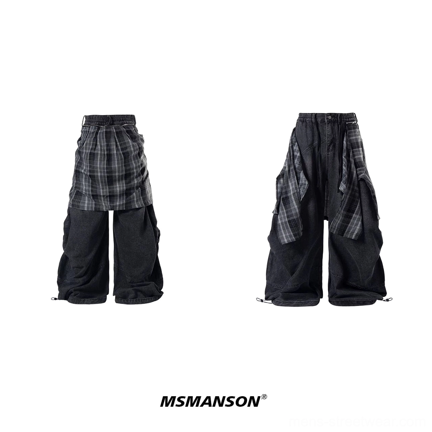 Flat lay of gray washed wide leg jeans with relaxed balloon silhouette, adjustable drawcord hems, and modern minimalist streetwear design