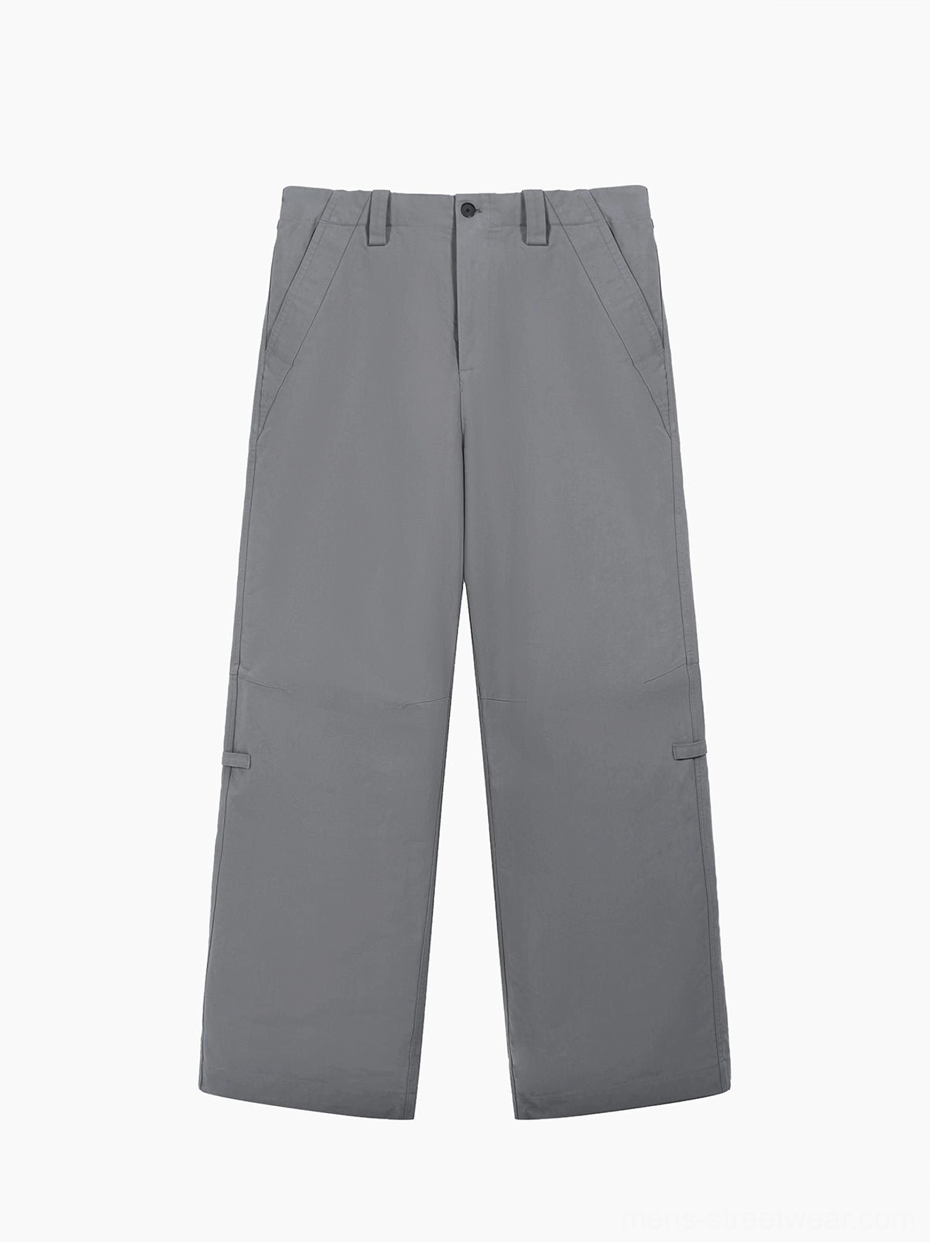 Gray washed wide-leg trousers displayed flat to show the loose silhouette, structured seam details, and contemporary Korean streetwear design