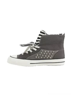 Gray high-top canvas streetwear sneakers with foldable zebra-pattern collar, silver rivets, white laces, and white rubber outsole shown from the left side