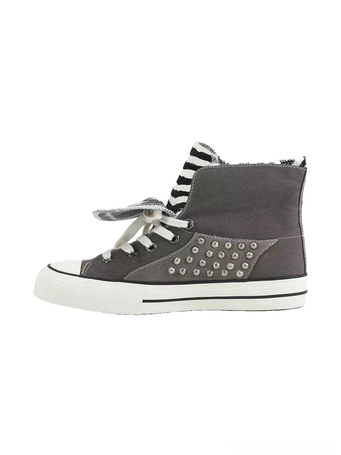 Gray high-top canvas streetwear sneakers with foldable zebra-pattern collar, silver rivets, white laces, and white rubber outsole shown from the left side