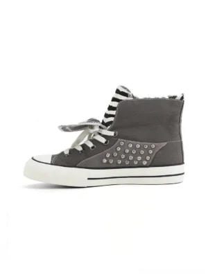 Gray zebra studded canvas high-top sneaker shown in left side profile with silver metal studs, foldable fuzzy zebra collar, white rubber sole, and skate-inspired streetwear design