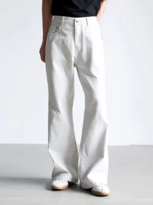 Front view of grayish white high-rise wide barrel jeans with clean cotton denim texture and full-length wide legs