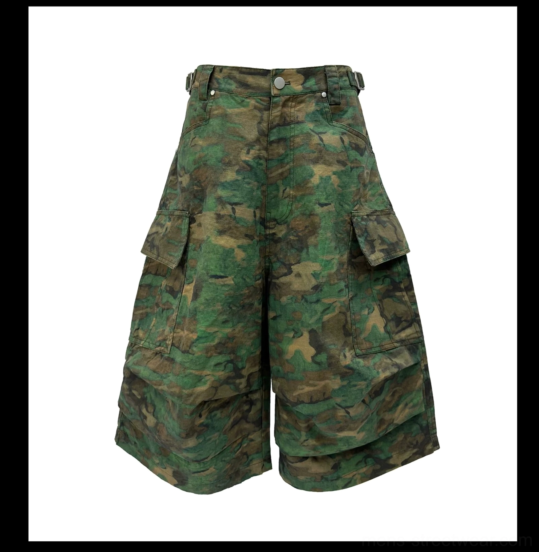 Front flat lay view of green and brown camouflage tiered cargo shorts with oversized side pockets, button zipper fly, and layered hems