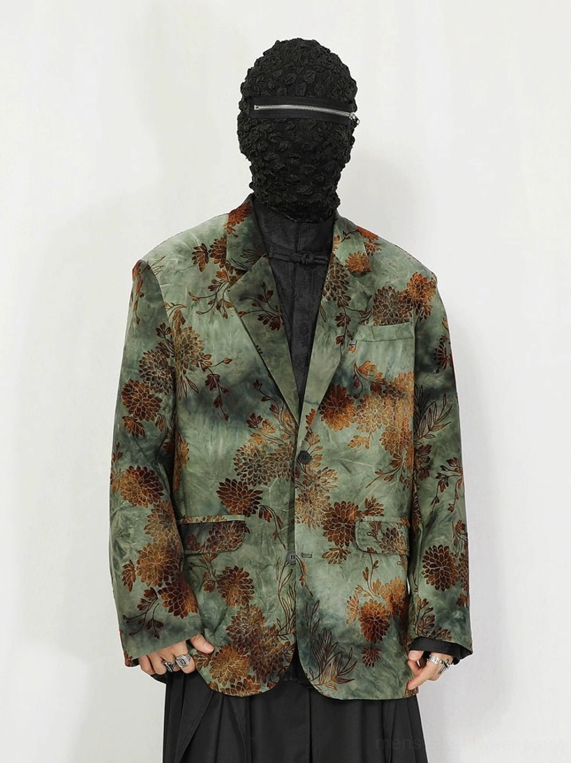 Oversized green and brown floral jacquard vintage blazer styled with black layered streetwear outfit