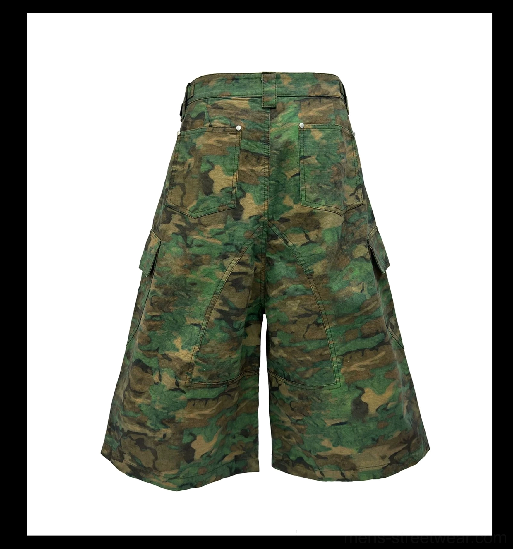 Rear flat product view of green camouflage cargo shorts showing the full print, back waistband, relaxed silhouette, and pocket arrangement