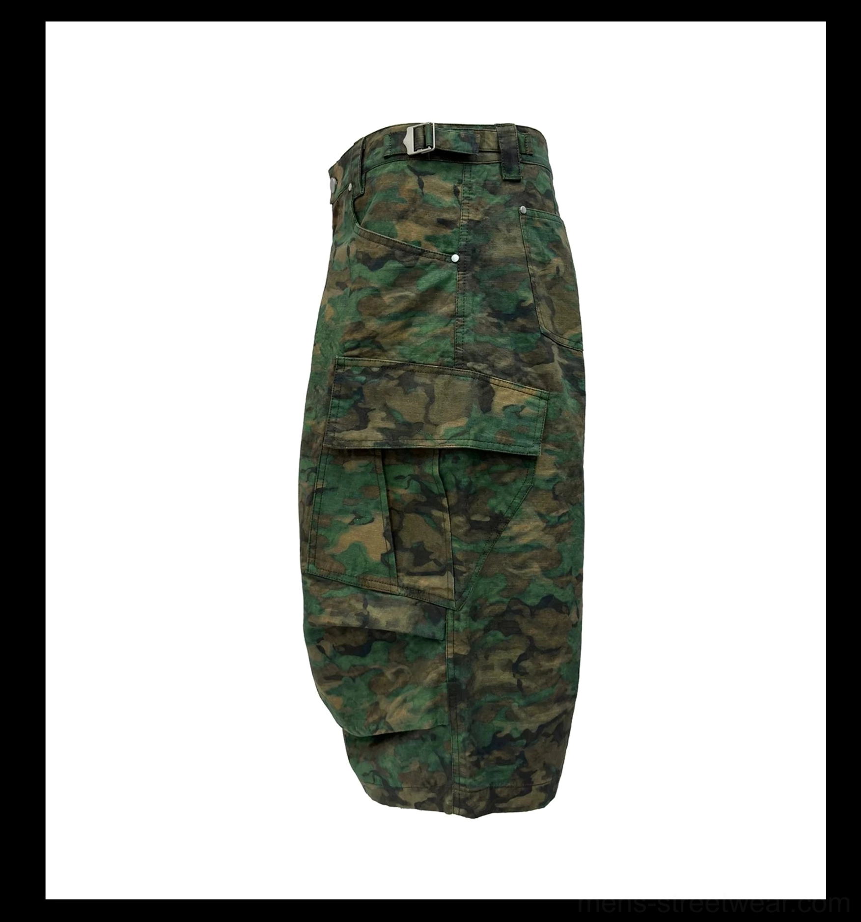 Side view of green camouflage wide-leg cargo shorts showing layered side pockets, adjustable waist buckle, and below-knee 3/4 length