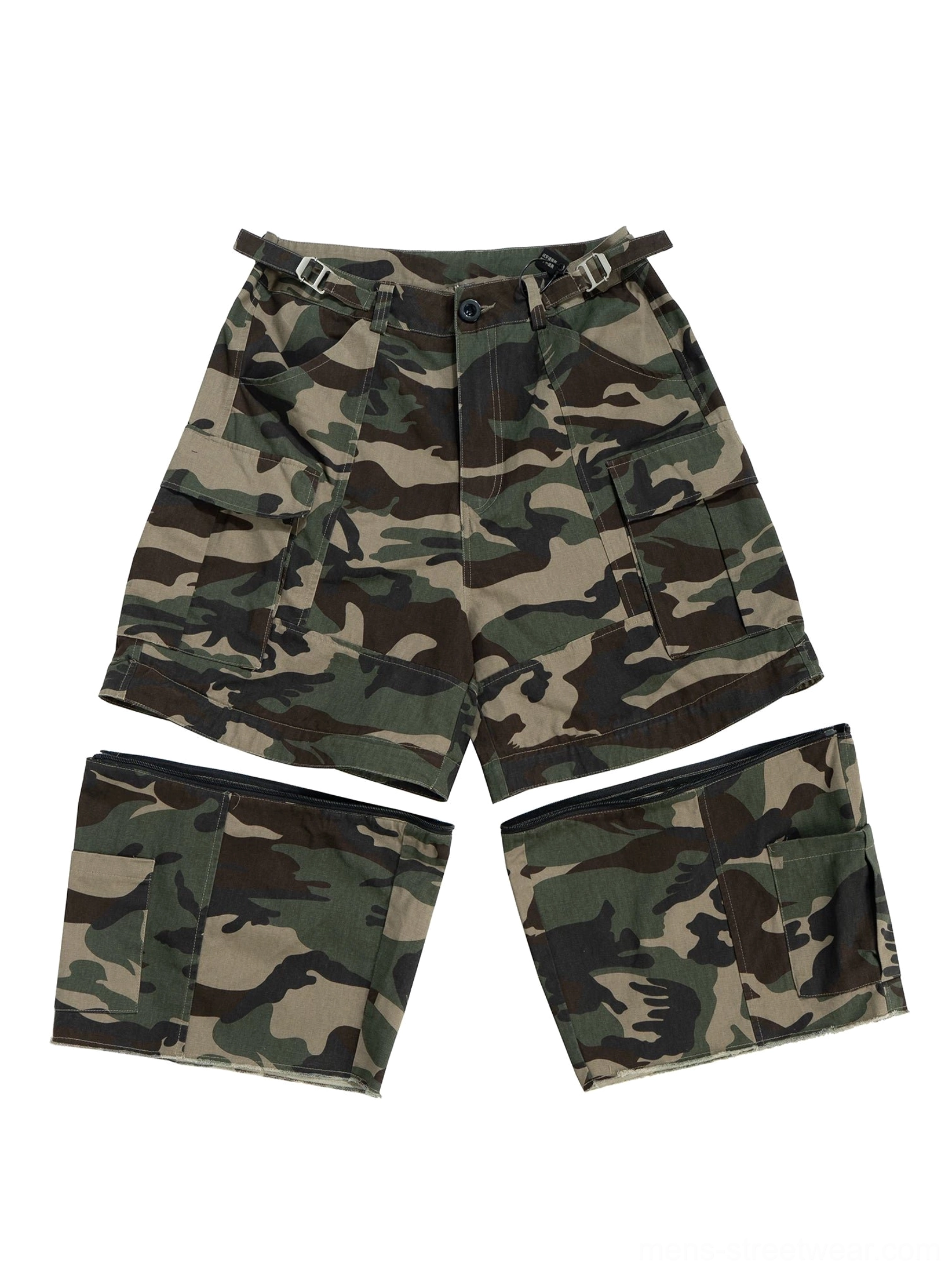 Flat lay view of green camouflage zip-off cargo pants with detachable lower legs, adjustable waist straps, and multiple utility cargo pockets