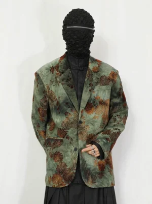 Green floral jacquard oversized vintage blazer buttoned front view with notch lapels and flap pockets