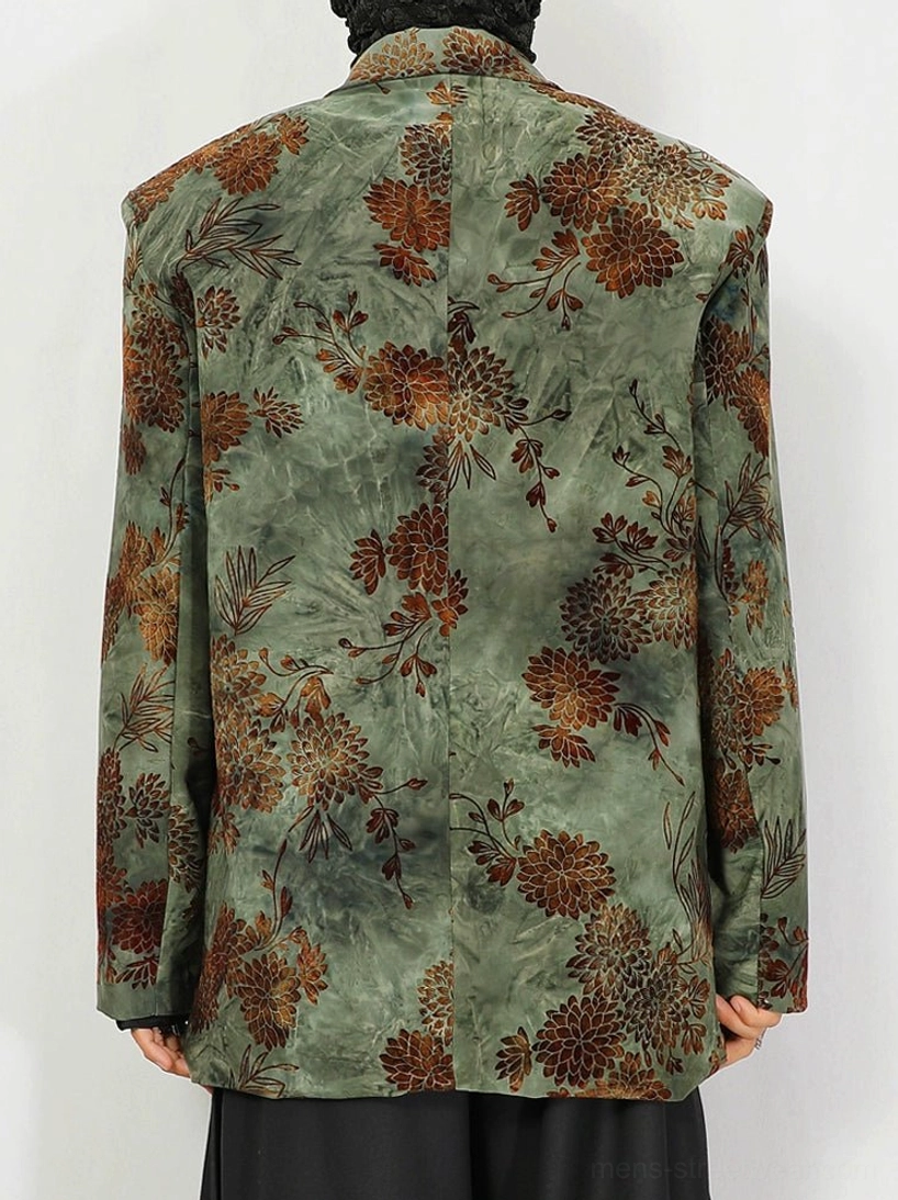 Green floral jacquard oversized vintage blazer detailed product view with muted botanical pattern