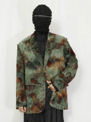 Green floral jacquard oversized vintage blazer in sage green and rust brown, front three-quarter studio view